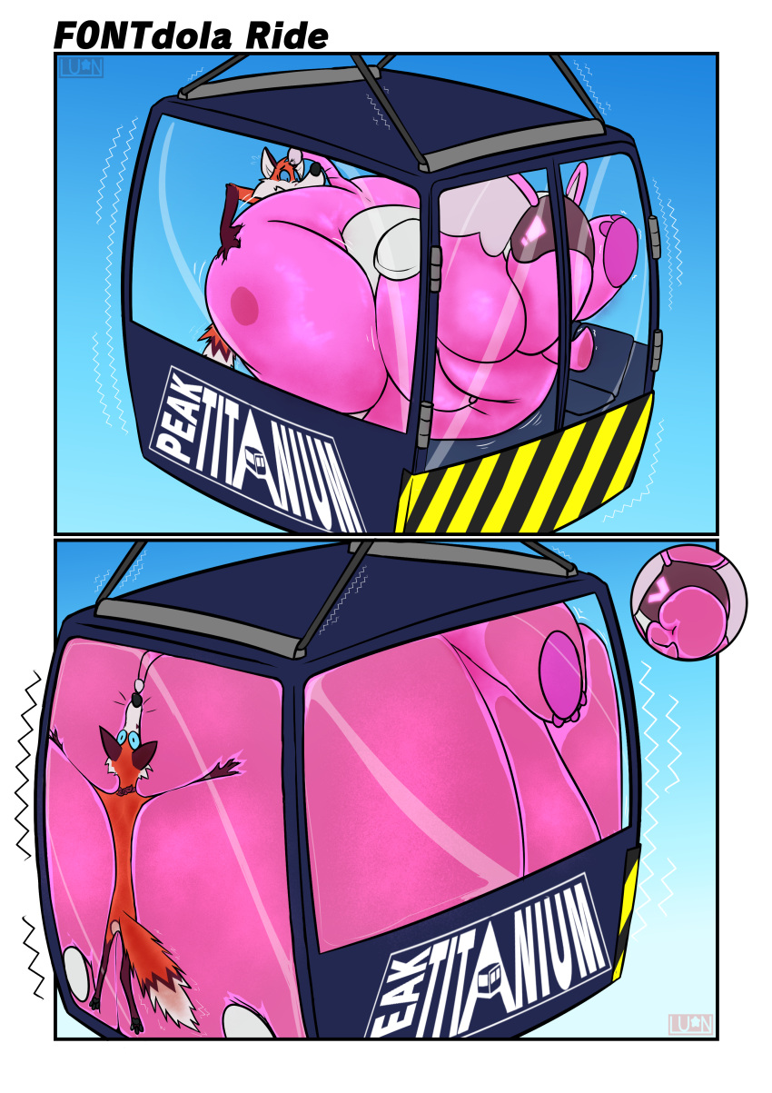 absurd_res aerial_lift anthro belly belly_squeeze belly_squish breasts butt butt_grab butt_growth butt_squish cable_transport canid canine comic elephant elephantid expansion f0nt female fox gondola_lift hand_on_butt hi_res mammal overweight overweight_female proboscidean protophant public_transportation size_difference smothering squish stuck trapped trunk