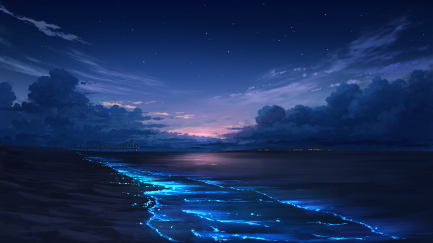 beach blue_sky cloud cloudy_sky highres horizon morning night no_humans ocean original pei_(sumurai) scenery shore sky star_(sky) starry_sky sunlight water waves