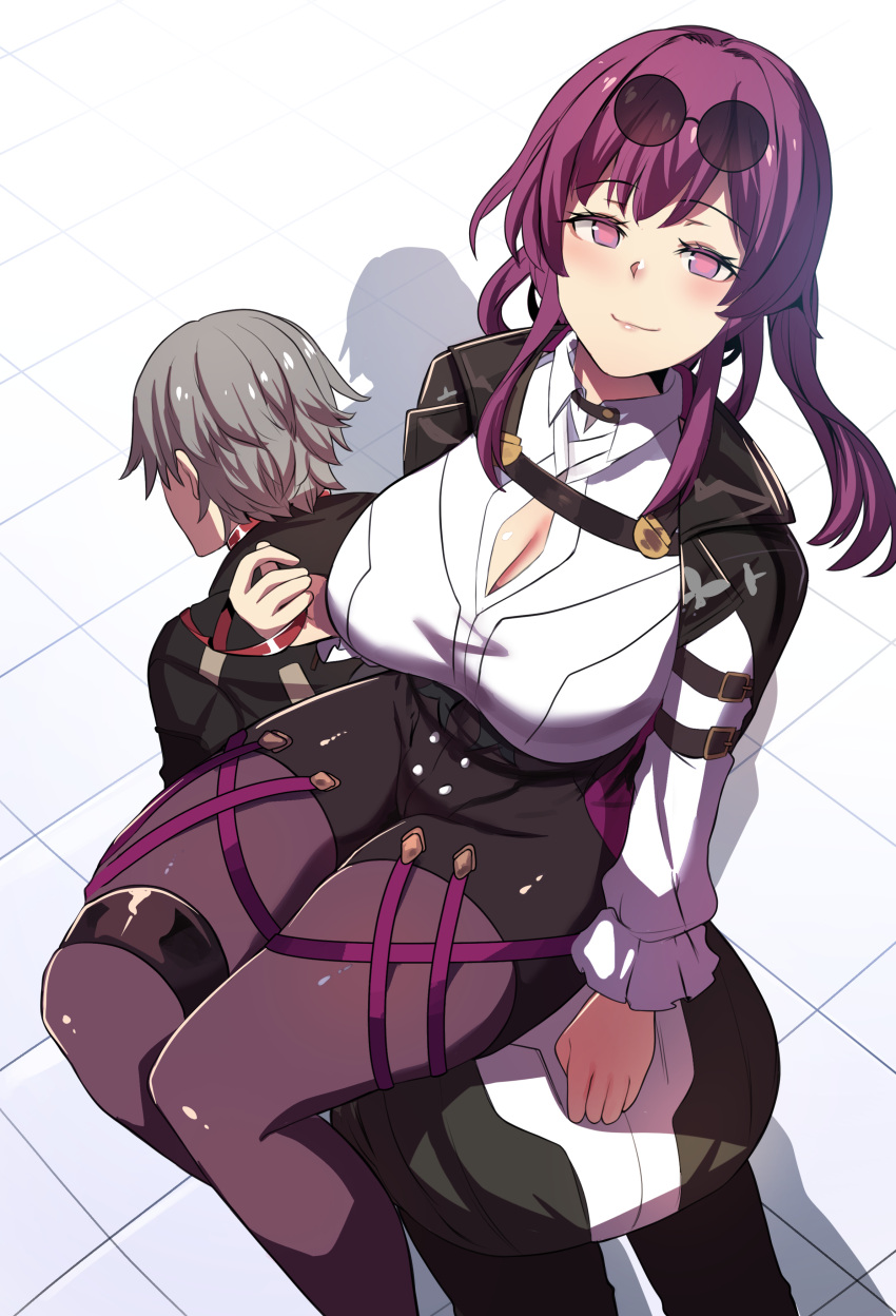 1boy 1girl absurdres all_fours arm_support belt_collar black_pants black_pantyhose black_skirt caelus_(honkai:_star_rail) cleavage_cutout clothing_cutout collar commentary eyewear_on_head from_above grey_hair highres holding holding_leash honkai:_star_rail honkai_(series) kafka_(honkai:_star_rail) leash leg_support long_hair long_sleeves looking_at_viewer looking_up low_ponytail pants pantyhose parted_bangs pencil_skirt purple_eyes purple_hair sidelocks simple_background sitting sitting_on_person skirt smile solo_focus sunglasses tile_floor tiles trailblazer_(honkai:_star_rail)