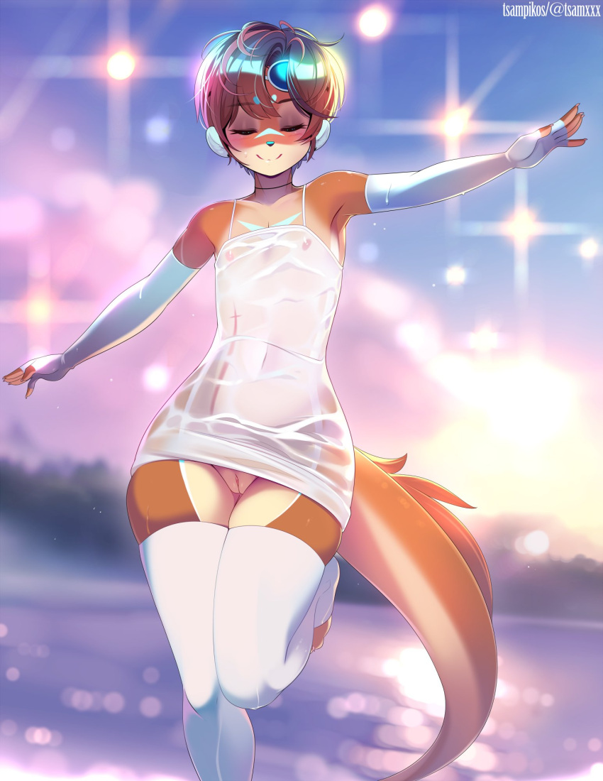 anthro clothing dancing female genitals hi_res mammal mikhaila_kirov mustelid otter pussy smile solo tsampikos wet wet_body wet_clothing