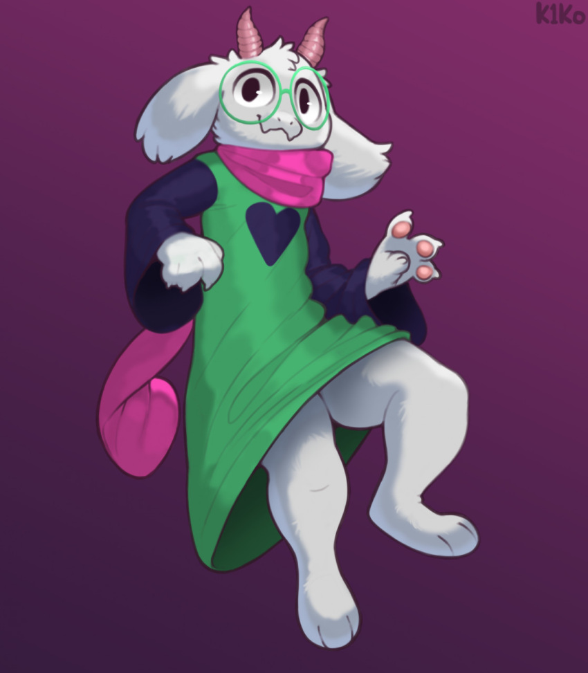 &lt;3 2022 anthro bovid caprine clothed clothing deltarune eyewear fur glasses goat gradient_background green_eyewear green_glasses hi_res horn k1ko male mammal pawpads pink_scarf ralsei scarf simple_background solo undertale_(series) white_body white_fur