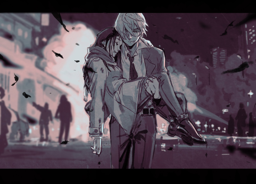 1boy 1girl amuro_tooru bleeding blood blood_on_clothes blood_on_face bruise bruise_on_face building carrying closed_eyes closed_mouth coat cowboy_shot debris enomoto_azusa fire firefighter hair_over_one_eye highres injury jacket letterboxed long_hair looking_at_another masso meitantei_conan motion_blur necktie night one_eye_covered outdoors pants princess_carry profile sad scarf shoes short_hair silhouette smoke suit torn_clothes unconscious walking water