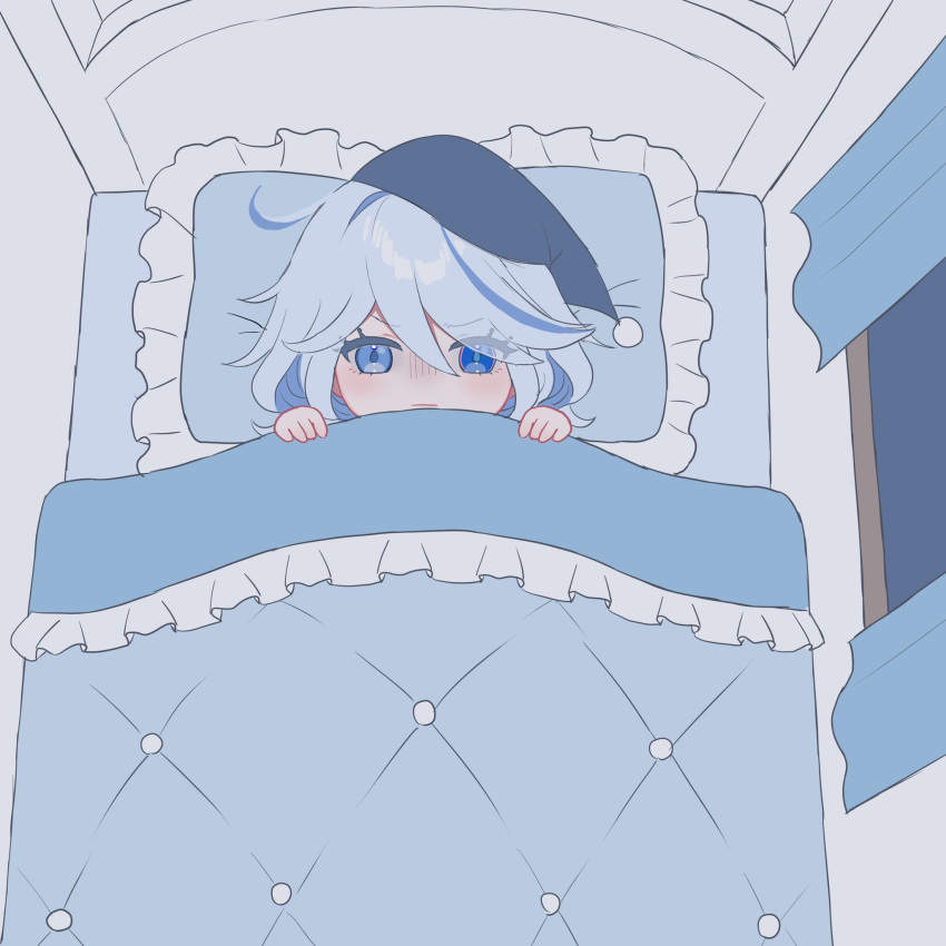 1girl ahoge aqua_hair bed bed_sheet bedroom blanket blue_eyes commentary_request drop-shaped_pupils from_above furina_(genshin_impact) genshin_impact hair_between_eyes hat heterochromia highres indoors long_hair long_sleeves looking_at_viewer looking_up mismatched_pupils mochi_mochi052 multicolored_hair pillow sidelocks solo streaked_hair two-tone_hair under_covers wavy_hair