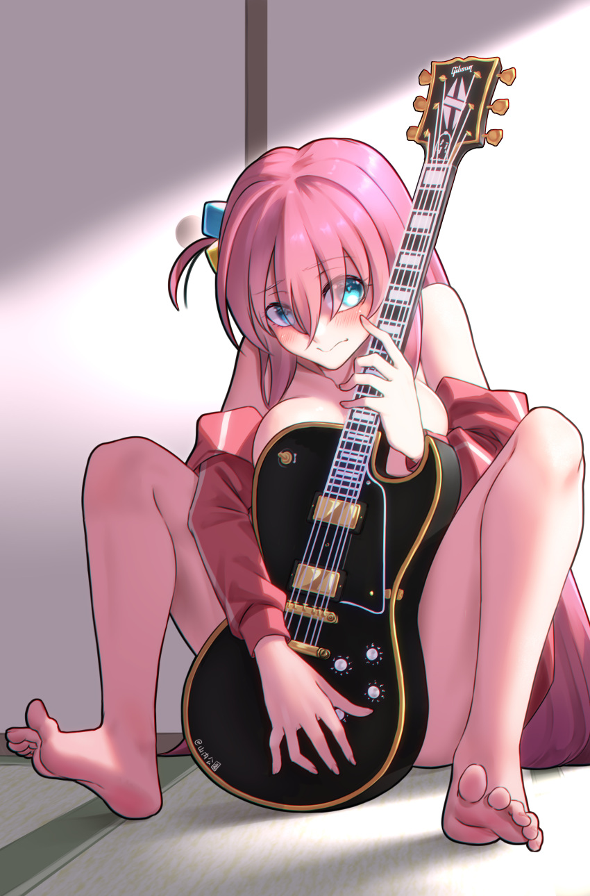 1girl absurdres barefoot blue_eyes blush bocchi_the_rock! breast_press breasts closed_mouth commentary_request covering covering_breasts covering_crotch crossed_bangs cube_hair_ornament electric_guitar feet full_body gibson gibson_les_paul gotou_hitori guitar hair_between_eyes hair_ornament hair_over_eyes highres indoors instrument jacket knees_up large_breasts long_hair looking_at_viewer nail_polish one_side_up pink_hair pink_jacket pink_nails shadow sidelocks signature soles solo spread_toes tatami thighs toenail_polish toenails toes track_jacket wavy_mouth yamauchi_(conan-comy)