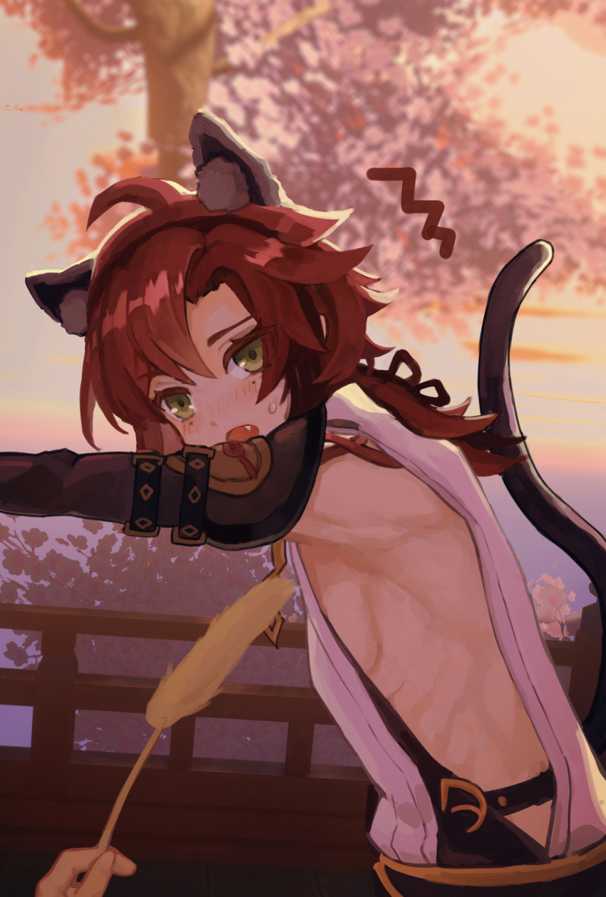 1boy animal_ears armor balcony black_gloves black_hairband blush cat_ears cat_tail cattail evening fang genshin_impact gloves hairband highres holding japanese_armor kongmingbubu kote kurokote looking_at_viewer mole open_clothes open_mouth open_shirt plant railing red_hair shikanoin_heizou shirt side_slit solo sweat tail tree white_shirt