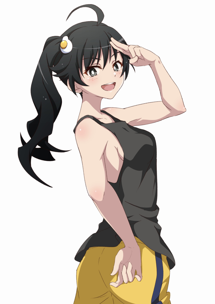 1girl :d absurdres ahoge araragi_karen asymmetrical_hair bakemonogatari bare_arms bare_shoulders black_eyes black_hair black_tank_top blush breasts bright_pupils collarbone commentary commission cowboy_shot curled_fingers egg_hair_ornament food-themed_hair_ornament fried_egg from_side hair_between_eyes hair_ornament hand_on_own_hip highres long_hair looking_at_viewer looking_to_the_side medium_breasts monogatari_(series) nijizuki_shino nisemonogatari open_mouth pants round_teeth salute side_ponytail sideboob simple_background single_vertical_stripe sleeveless smile solo standing tank_top teeth track_pants upper_teeth_only white_background white_pupils yellow_pants