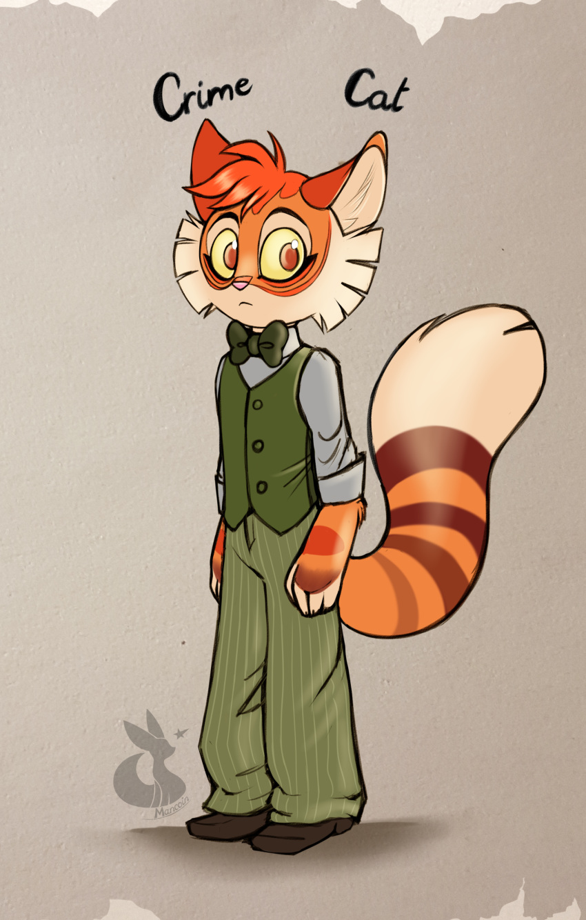 anthro bow_tie calvin_mcmurray clothed clothing digital_media_(artwork) domestic_cat felid feline felis fur hair hi_res lackadaisy male mammal mancoin signature simple_background solo tail webcomic webcomic_character