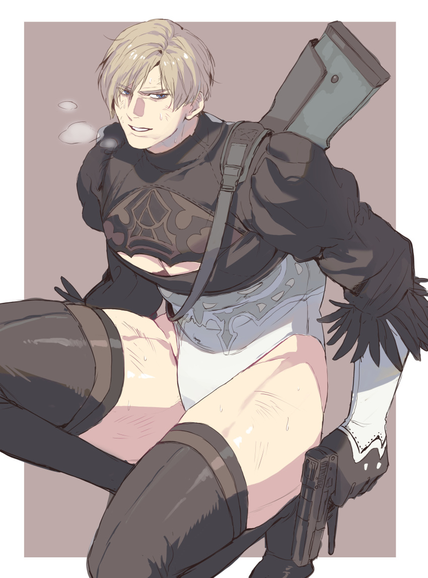 1boy 2b_(nier:automata) 2b_(nier:automata)_(cosplay) absurdres bara black_gloves blue_eyes boots brown_hair cleavage_cutout clothing_cutout cosplay curtained_hair gloves gun highres holding holding_gun holding_weapon large_pectorals leon_s._kennedy leotard male_focus muscular muscular_male nier:automata nier_(series) on_(isk1812) pectorals resident_evil resident_evil_4 resident_evil_4_(remake) short_hair solo thick_thighs thigh_boots thighs thong_leotard weapon weapon_on_back white_leotard