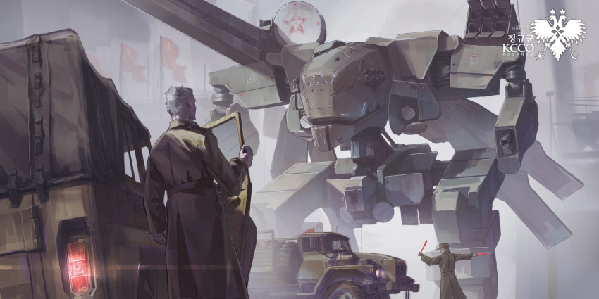 2boys aa-02_sinner_(girls'_frontline) coat commentary english_commentary from_behind girls'_frontline grey_hair highres kcco_(girls'_frontline) korean_text mecha mecha_focus military military_truck military_vehicle multiple_boys robot science_fiction short_hair soviet_flag standing star_(symbol) traffic_baton trench_coat useless_(gss44344) weapon yegor_(girls'_frontline)