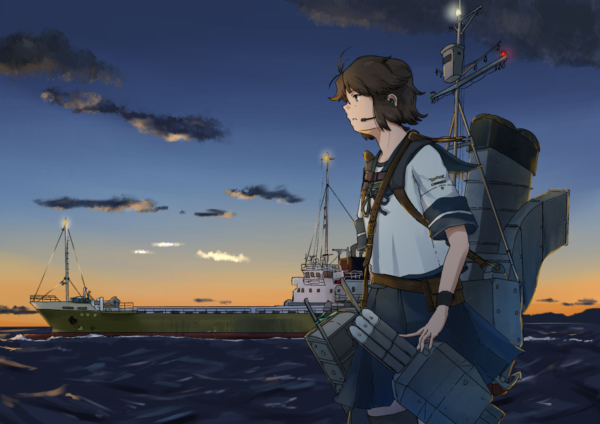 1girl absurdres blue_ribbon blue_skirt brown_eyes brown_hair cloud day headset highres kantai_collection kuragare mast medium_skirt miyuki_(kancolle) neck_ribbon outdoors pleated_skirt profile ribbon rigging sailor_collar school_uniform serafuku ship short_hair short_sleeves skirt sky smokestack solo torpedo_launcher torpedo_tubes watercraft