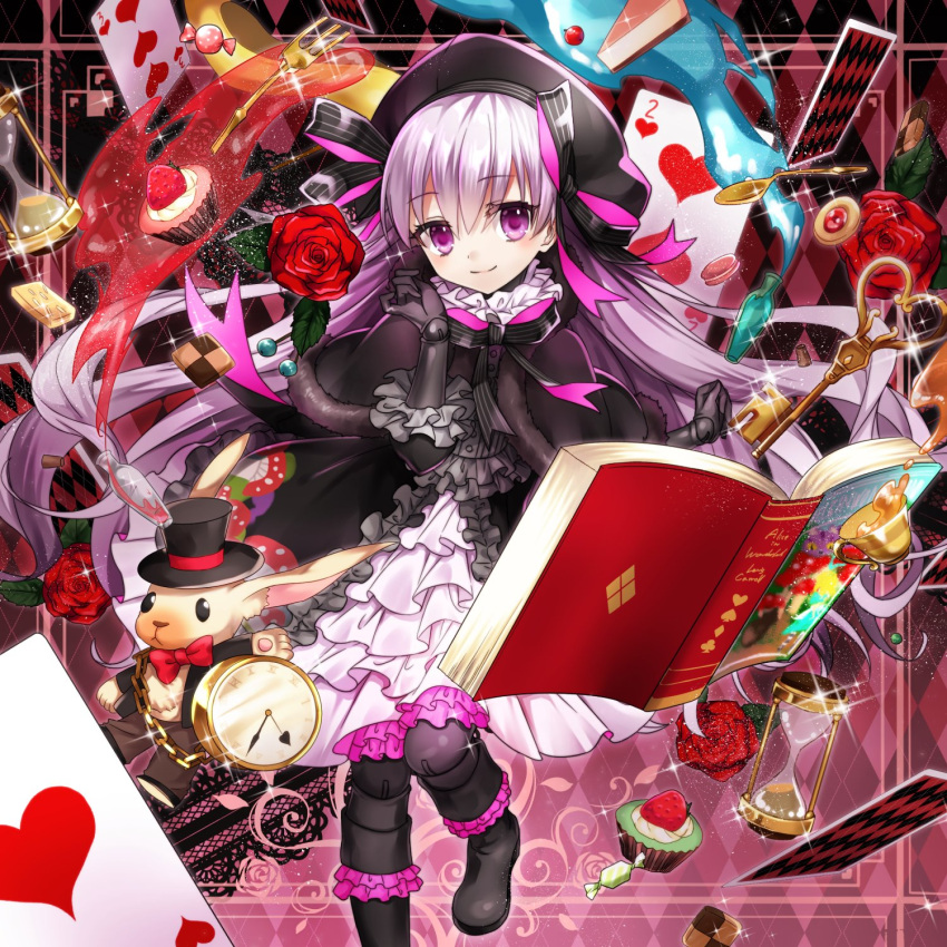 1girl ace_(playing_card) ace_of_hearts black_bow black_bowtie book bow bowtie cake cake_slice candy card cupcake doll_joints fate/extra fate_(series) flower food fork fruit hat heart highres hourglass joints key macaron nursery_rhyme_(fate) open_book playing_card pocket_watch purple_eyes purple_hair red_flower red_rose rose smile solo spoon strawberry three_of_hearts top_hat tsukasa_kinako two_of_hearts vial watch white_rabbit_(alice_in_wonderland)