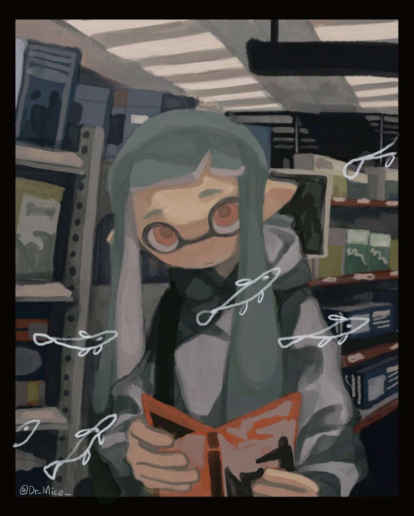 1girl agent_3_(splatoon) black_border book border closed_mouth dr_mice fish green_hair grey_hoodie highres holding holding_book hood hood_down hoodie indoors inkling inkling_girl long_hair looking_at_viewer orange_eyes pointy_ears shop solo splatoon_(series) tentacle_hair twitter_username