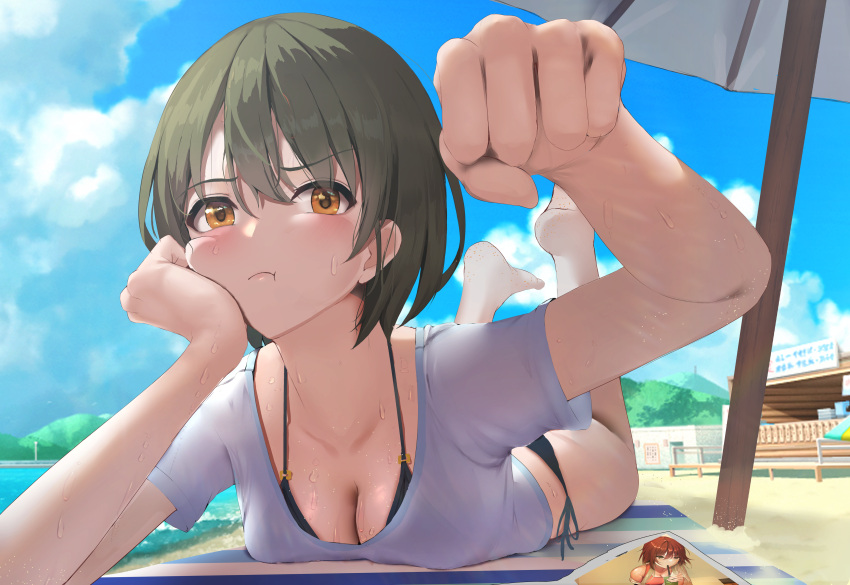 1girl :t absurdres aketa_mikoto bare_legs barefoot beach bikini bikini_under_clothes black_bikini blue_sky blush breasts cleavage cloud collarbone feet_up foreshortening green_eyes hand_on_own_cheek hand_on_own_face head_rest highres idolmaster idolmaster_shiny_colors looking_at_viewer lying ma_azi mat medium_breasts nanakusa_nichika on_stomach outdoors parasol photo_(object) sand shirt short_hair sky solo sweatdrop swimsuit umbrella white_shirt