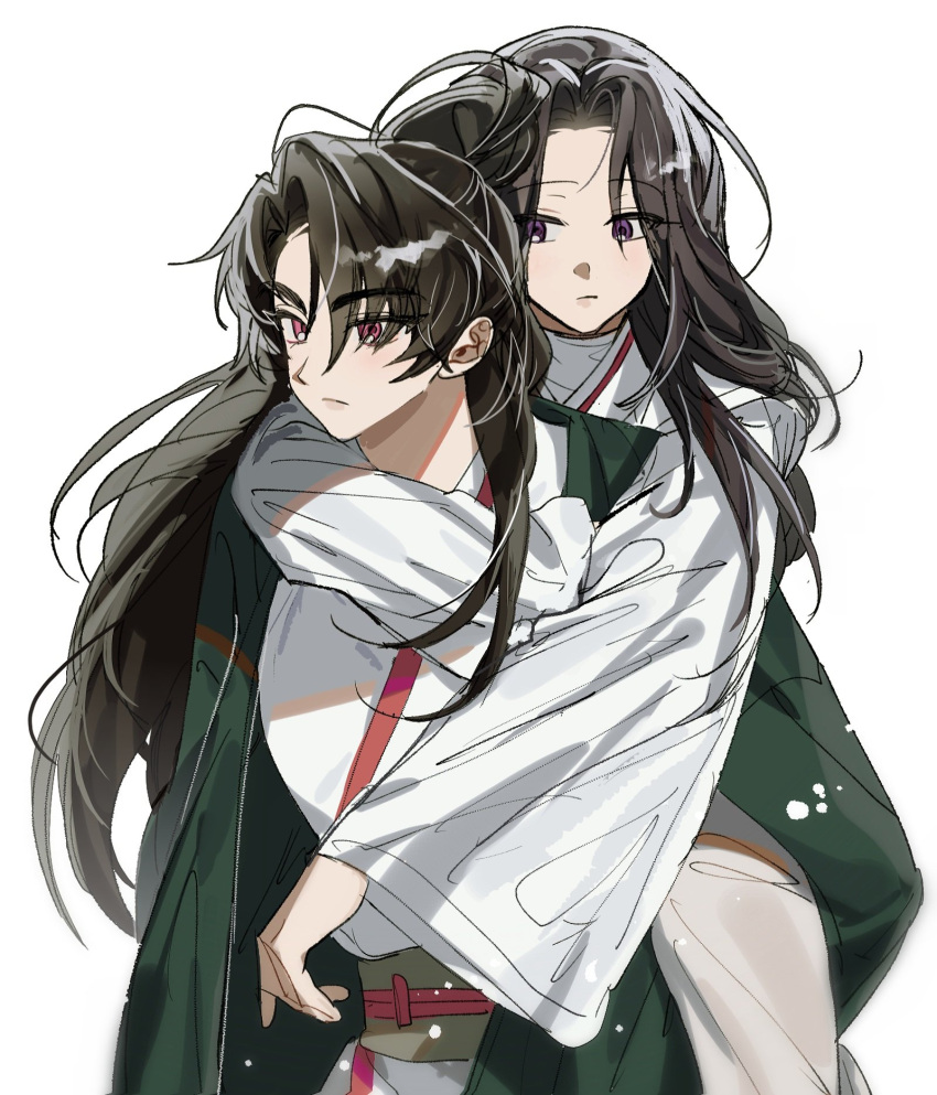 1boy 1girl arm_around_back black_hair carrying chungmyung closed_mouth expressionless green_jacket highres jacket long_hair long_sleeves looking_to_the_side malga_(milky721) piggyback ponytail purple_eyes return_of_the_mount_hua_sect sash uniform upper_body white_background yu_iseol_(return_of_the_mount_hua_sect)