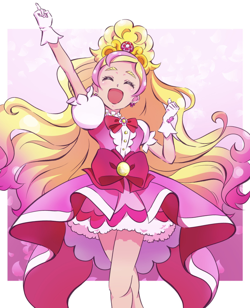 1girl :d absurdres arm_up blonde_hair bow bowtie center_frills choker clenched_hand closed_eyes crossed_legs cure_flora dress earrings facing_viewer frills gloves go!_princess_precure gradient_hair half_updo haruno_haruka highres index_finger_raised jewelry kengo_kumaxile long_hair magical_girl medium_dress multicolored_hair open_mouth pink_bow pink_dress pink_hair pointing pointing_up precure puffy_short_sleeves puffy_sleeves red_bow red_bowtie short_sleeves smile solo standing streaked_hair swept_bangs tiara two-tone_hair waist_bow white_gloves