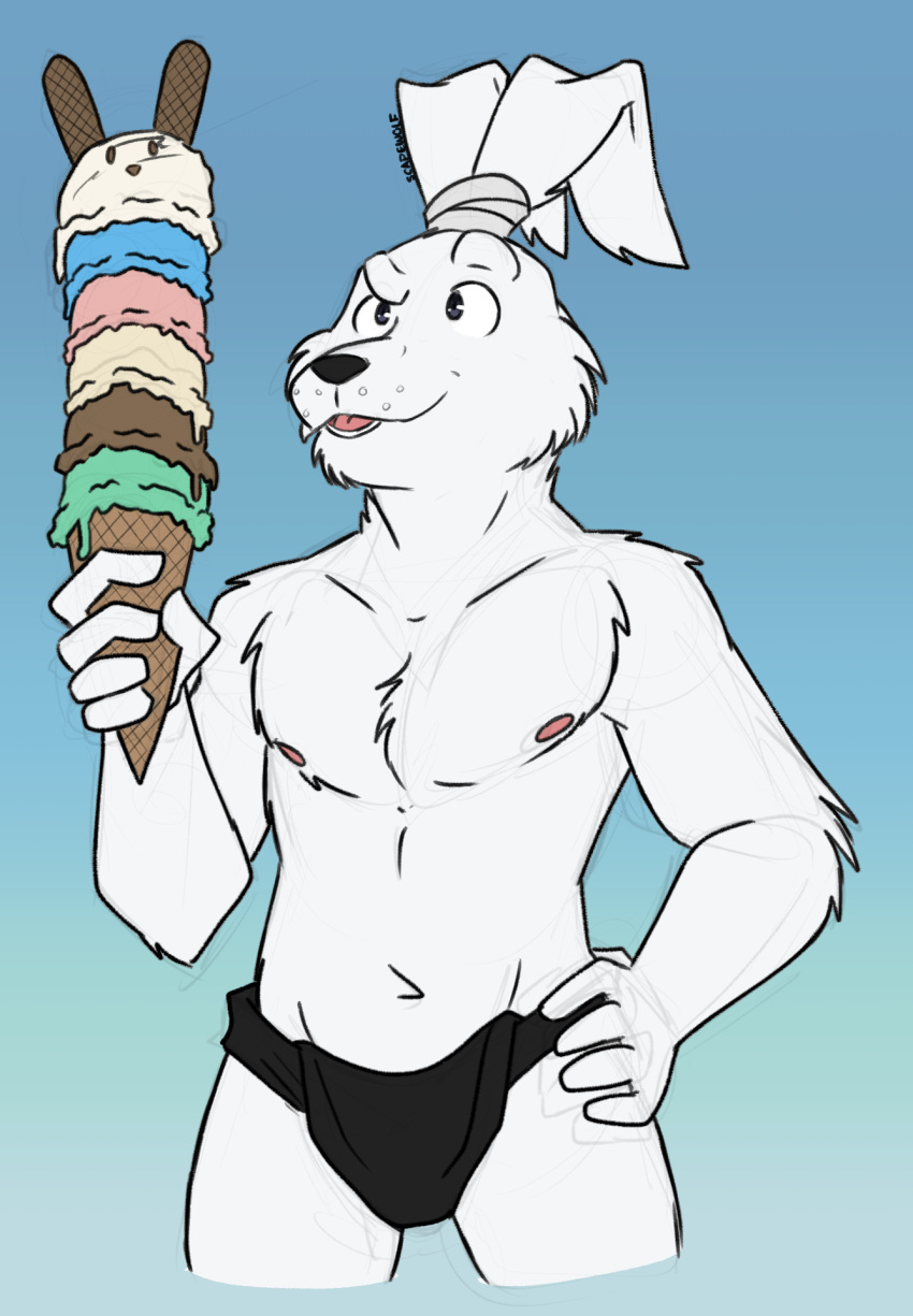 anthro black_clothing black_nose clothed clothing dessert food fur hi_res ice_cream ice_cream_cone lagomorph leporid male mammal miyamoto_usagi open_mouth rabbit simple_background solo solo_focus tied_ears top_knot unsafescapewolf usagi_yojimbo white_body white_fur