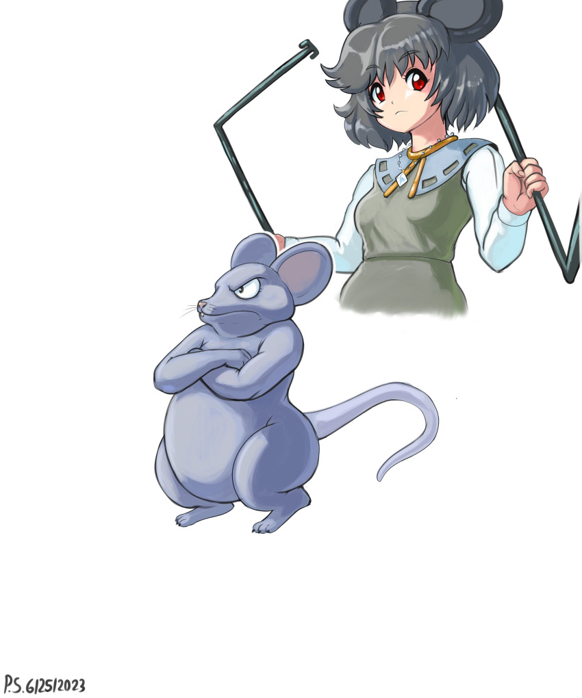 1girl absurdres animal_ears commentary crossed_arms dated dowsing_rod english_commentary grey_hair highres long_sleeves looking_at_viewer mouse mouse_ears mouse_girl nazrin nazrin_(mouse) profitshame red_eyes short_hair signature simple_background touhou white_background