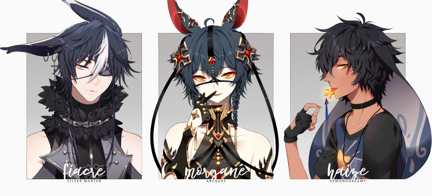 3boys ahoge animal_ear_piercing animal_ears bare_shoulders bishounen black_choker black_collar black_gloves black_hair black_ribbon black_scarf black_shirt black_sleeves blue_eyes blue_hair blue_jacket blue_ribbon blue_shirt border braid candy character_name choker coattails collar collarbone cross cross_earrings cross_hair_ornament dark-skinned_male dark_blue_hair dark_skin denim denim_jacket detached_sleeves earrings english_commentary english_text eyepatch eyeshadow feather_boa fiacre_(hen-tie) fingerless_gloves food gem gloves gold_trim grey_background grey_shirt hair_ornament hair_ribbon haize_(hen-tie) half-closed_eye half_gloves hand_on_own_chin hand_up hen-tie highres holding holding_candy holding_food holding_lollipop hoop_earrings jacket jewelry lapels licking lollipop long_sleeves looking_ahead looking_at_viewer makeup male_focus morgane_(hen-tie) multiple_boys one-eyed open_mouth original parted_lips puffy_long_sleeves puffy_sleeves red_eyeshadow red_gemstone ribbon scarf see-through see-through_shirt shirt short_hair short_sleeves shoulder_tattoo silver_collar silver_trim sleeveless sleeveless_jacket sleeveless_shirt smile star_(symbol) star_print surfboard t-shirt tattoo twin_braids two-tone_shirt upper_body white_border yellow_eyes