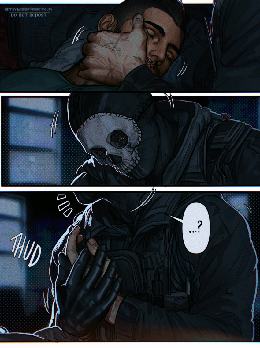 2boys bara black_gloves black_hair black_jacket bulletproof_vest call_of_duty call_of_duty:_modern_warfare_2 closed_eyes couple facial_hair ghost_(modern_warfare_2) gloves highres holding_hands jacket male_focus mask multiple_boys short_hair sidecut skull_mask sleeping soap_(modern_warfare_2) umikochannart yaoi