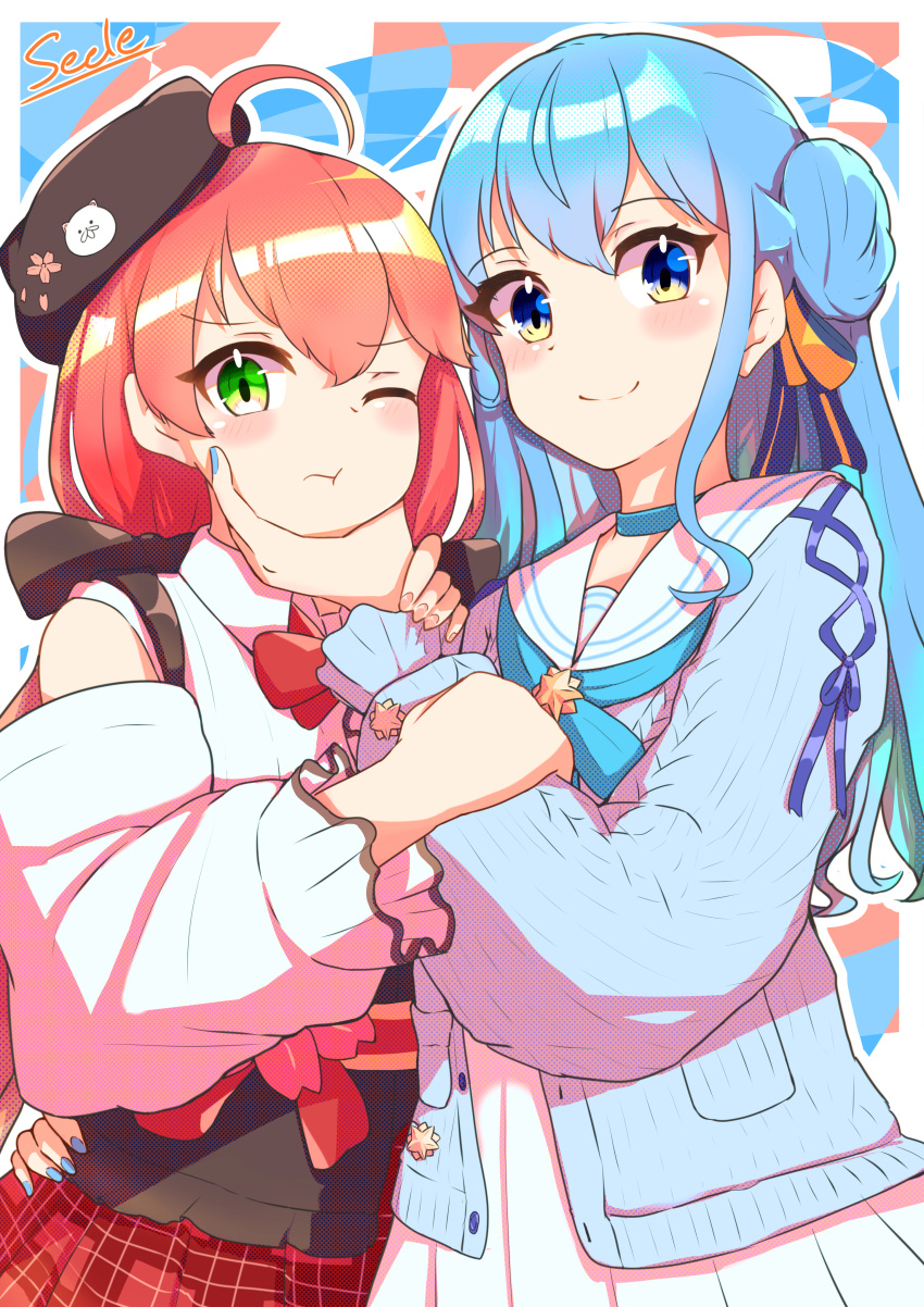 2girls absurdres ahoge black_headwear blue_eyes blue_hair chilwell_seele choker detached_sleeves green_eyes hat highres hololive hoshimachi_suisei hoshimachi_suisei_(school_uniform) long_sleeves looking_at_viewer multiple_girls nail_polish official_alternate_costume one_eye_closed pout sakura_miko sakura_miko_(3rd_costume) star_(symbol) virtual_youtuber