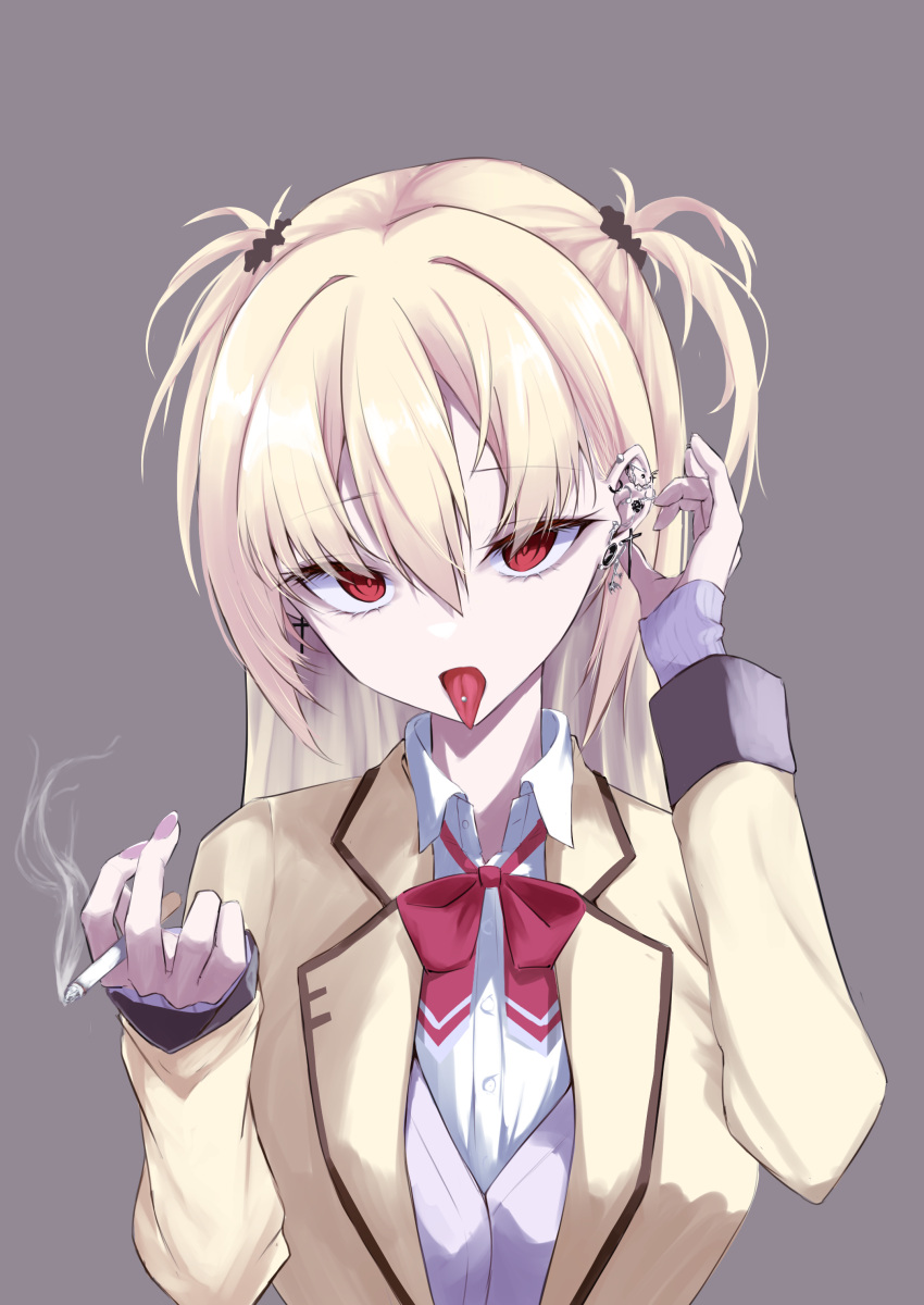1girl absurdres arihara_nanami blonde_hair bow bowtie brown_background cigarette commentary cross cross_earrings dress_shirt ear_piercing earrings eyelashes eyes_visible_through_hair hands_up highres holding holding_cigarette jacket jewelry long_hair long_sleeves looking_at_viewer mkn_yu piercing red_bow red_bowtie red_eyes riddle_joker school_uniform shirt simple_background smoke smoking solo straight_hair tongue tongue_out tongue_piercing two_side_up upper_body upturned_eyes white_shirt yellow_jacket