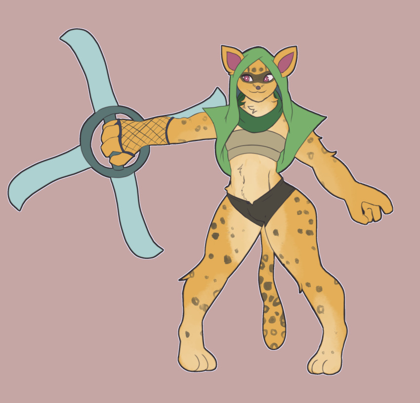 anthro chest_wraps clothed clothing countershading facial_markings felid feline female fishnet fishnet_armwear flat_chested fully_clothed fur head_markings hi_res holding_object holding_weapon hood inabaart leopard_spots leopardus mammal markings mask_(marking) ocelot ranged_weapon red_eyes scarf shuriken simple_background solo spots ta'liana weapon wraps yellow_body yellow_fur