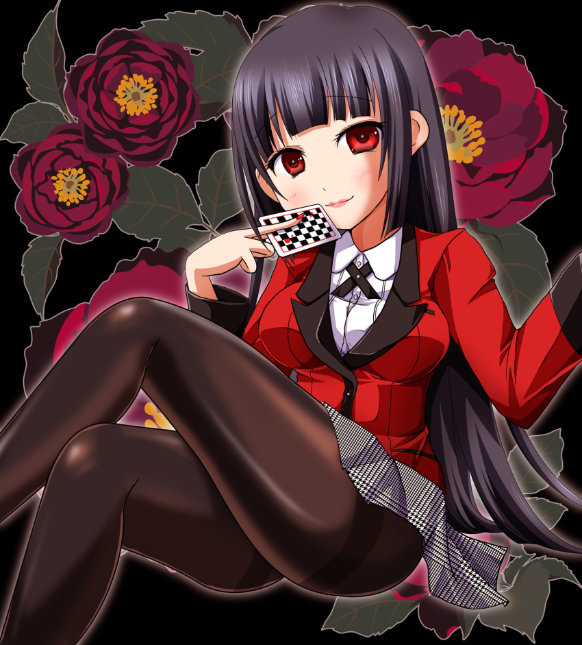 black_background black_hair black_pantyhose breasts card crossed_legs eyelashes firstaid flower highres holding holding_card jabami_yumeko jacket kakegurui large_breasts nail_polish pantyhose plaid plaid_skirt red_eyes red_flower red_jacket red_nails school_uniform shirt skirt smile white_shirt