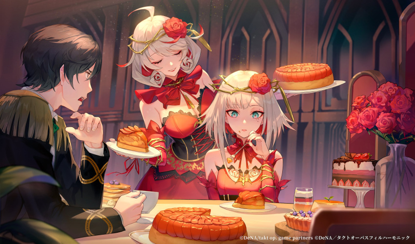 1boy 2girls anna_schneider aqua_eyes asahina_takt bare_shoulders breasts cake cake_slice colored_inner_hair cosette_schneider cross-laced_corset crown_of_thorns destiny_(takt_op.) detached_collar detached_sleeves dress drill_hair drill_sidelocks eyeshadow flower flower-trimmed_dress food food_on_face fork fruit_tart grey_hair hair_flower hair_ornament highres holding holding_fork holding_plate large_breasts long_sleeves looking_at_viewer makeup medium_breasts medium_hair multicolored_hair multiple_girls official_art pastry plate red_dress red_eyeshadow red_flower red_hair red_rose red_sleeves red_theme rose short_hair_with_long_locks sidelocks smile straight_hair strapless strapless_dress strawberry_shortcake takt_op._destiny tart_(food) thorns upper_body whipped_cream