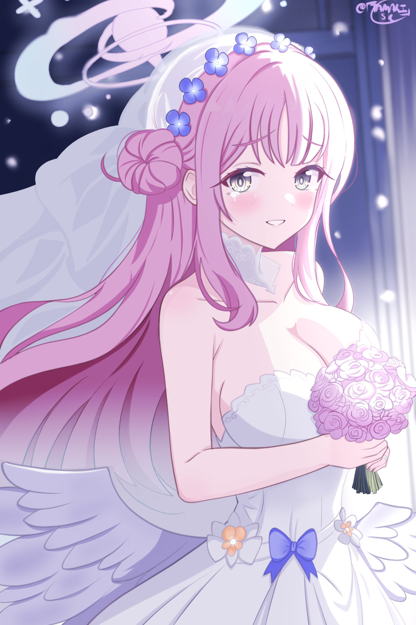 1girl absurdres blue_archive blush breasts bridal_veil bride cleavage dress feathered_wings flower halo highres holding holding_flower jewelry long_hair looking_at_viewer mika_(blue_archive) pink_hair ring solo tamaki_(tamaki-sh) tears veil very_long_hair wedding_dress wedding_ring wings yellow_eyes