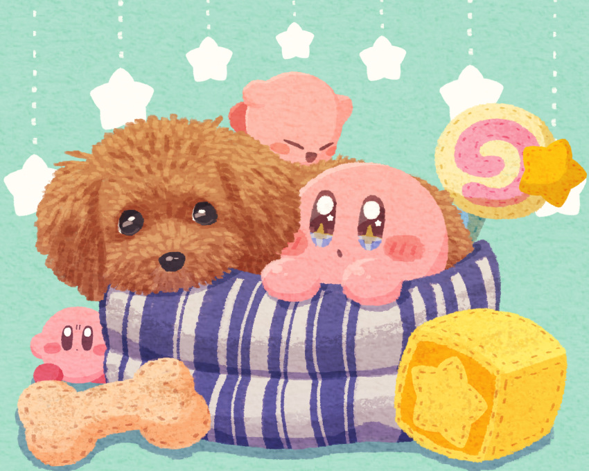 block_(object) blue_background blue_eyes cartoon_bone closed_eyes dog kirby kirby_(series) miclot no_humans open_mouth pet_bed simple_background sparkling_eyes star_(symbol) stuffed_toy