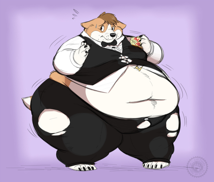 animous anthro belly big_belly big_butt bodily_fluids bow_tie brown_hair butt cake canid canine canis cheesecake chubby_cheeks claws clothed clothing dessert domestic_dog embarrassed flying_sweatdrops food formal_wear fur gillpanda hair herding_dog holding_cake holding_food holding_object male mammal moobs navel obese obese_anthro obese_male overweight overweight_anthro overweight_male pastoral_dog solo standing straining_buttons sweat sweatdrop tan_body tan_fur theo_(corpulent_corgi) thick_thighs tight_clothing toe_claws topwear torn_clothing vest welsh_corgi white_body white_fur wide_hips