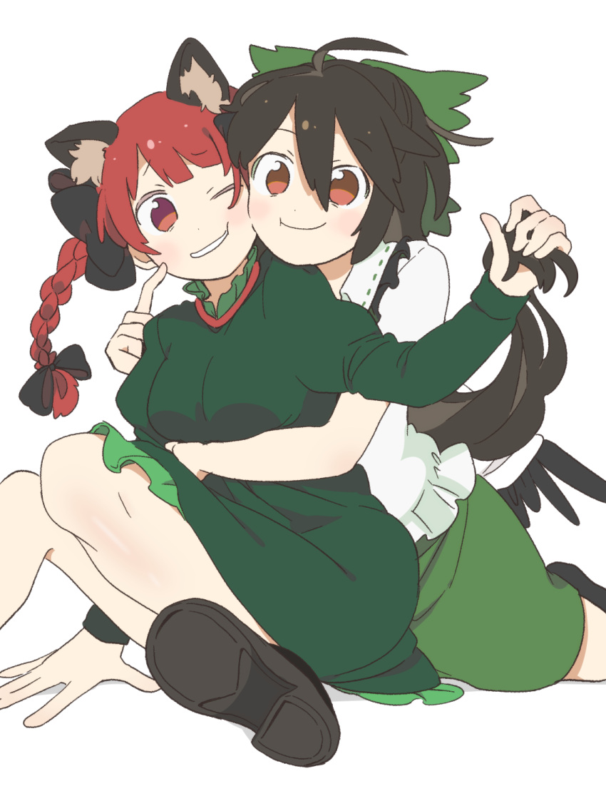 2girls :t ;) ahoge animal_ear_fluff animal_ears arm_under_breasts bird_wings black_hair blush bow braid breasts cat_ears citrus_(place) dress extra_ears finger_to_another's_cheek foot_out_of_frame green_bow green_dress green_skirt hair_between_eyes hair_bow hair_ribbon highres holding_another's_hair hug hug_from_behind kaenbyou_rin knees_together_feet_apart long_hair low_wings medium_breasts multiple_girls one_eye_closed parted_lips red_eyes red_hair reiuji_utsuho ribbon shirt sitting skirt smile teeth touhou tress_ribbon twin_braids very_long_hair white_shirt wings yuri