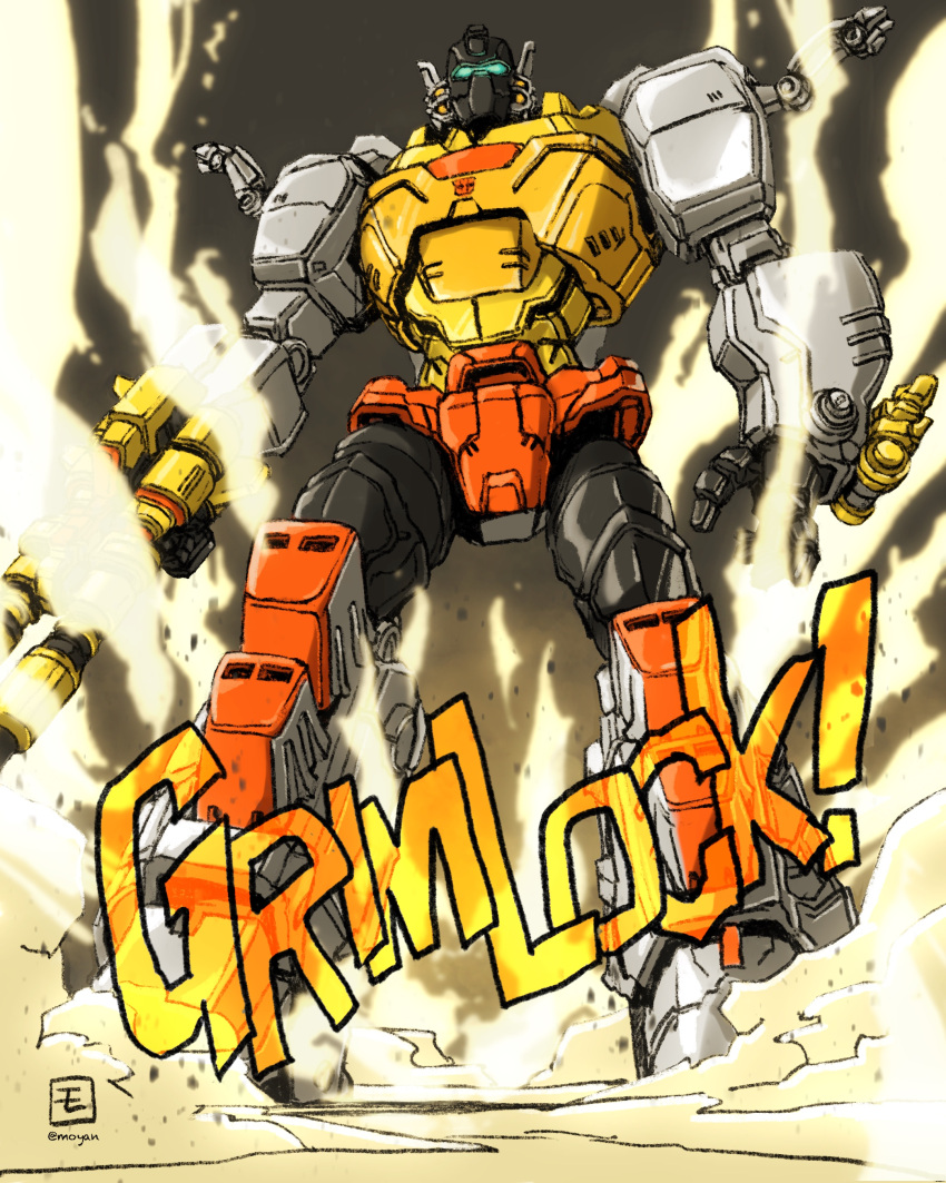 absurdres assault_visor autobot character_name glowing grimlock gun highres holding holding_gun holding_weapon looking_ahead mecha moyan open_hand procreate_(medium) robot science_fiction smoke transformers transformers:_earthspark twitter_username weapon