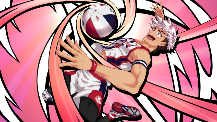 1boy ball black_leggings collaboration highres jock_studio_(blits_games) leggings looking_at_object male_focus mikkoukun multicolored_footwear nakajima_yuuto non-web_source official_art open_mouth pink_background red_footwear red_wristband shirt shorts sleeveless sleeveless_shirt solo sportswear teeth undercut upper_teeth_only variant_set volleyball_(object) volleyball_uniform white_footwear white_hair white_shirt white_shorts zamius