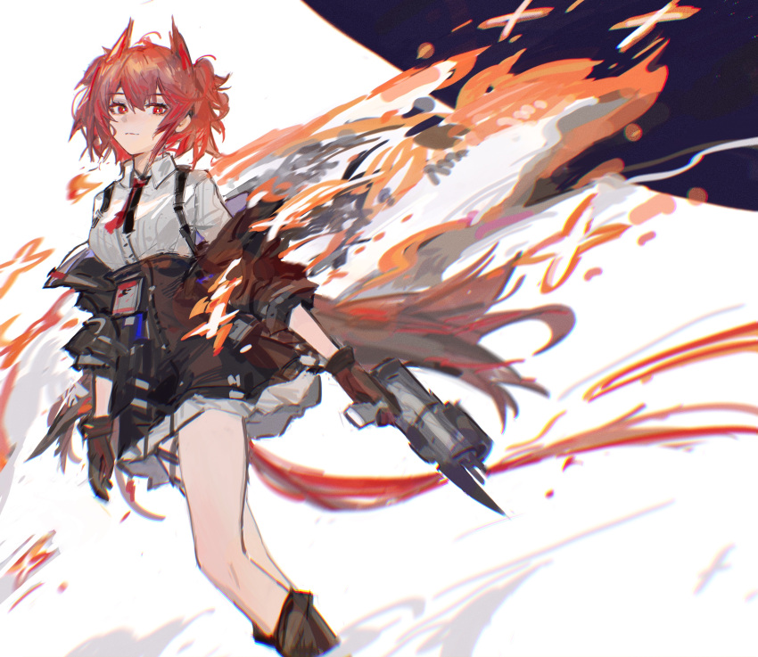 1girl absurdres animal_ears arknights bird_ears bird_tail black_gloves black_jacket black_skirt collared_shirt fiammetta_(arknights) fire gloves gun high-waist_skirt highres holding holding_gun holding_weapon id_card jacket long_sleeves looking_at_viewer open_clothes open_jacket red_eyes red_hair shirt shirt_tucked_in short_hair shuimo skirt solo tail weapon white_shirt