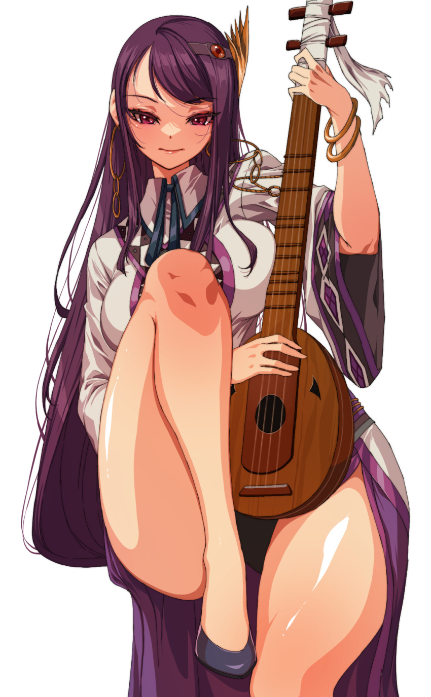 1girl bare_legs bracelet breast_press closed_mouth commission commissioner_upload dress dungeon_and_fighter earrings guitar hair_ornament hand_up high_heels highres hoop_earrings instrument iris_fortune_singer jewelry leg_up long_hair long_sleeves multicolored_clothes multicolored_dress non-web_source pixiv_commission purple_hair rantia sitting smile thighs upper_body