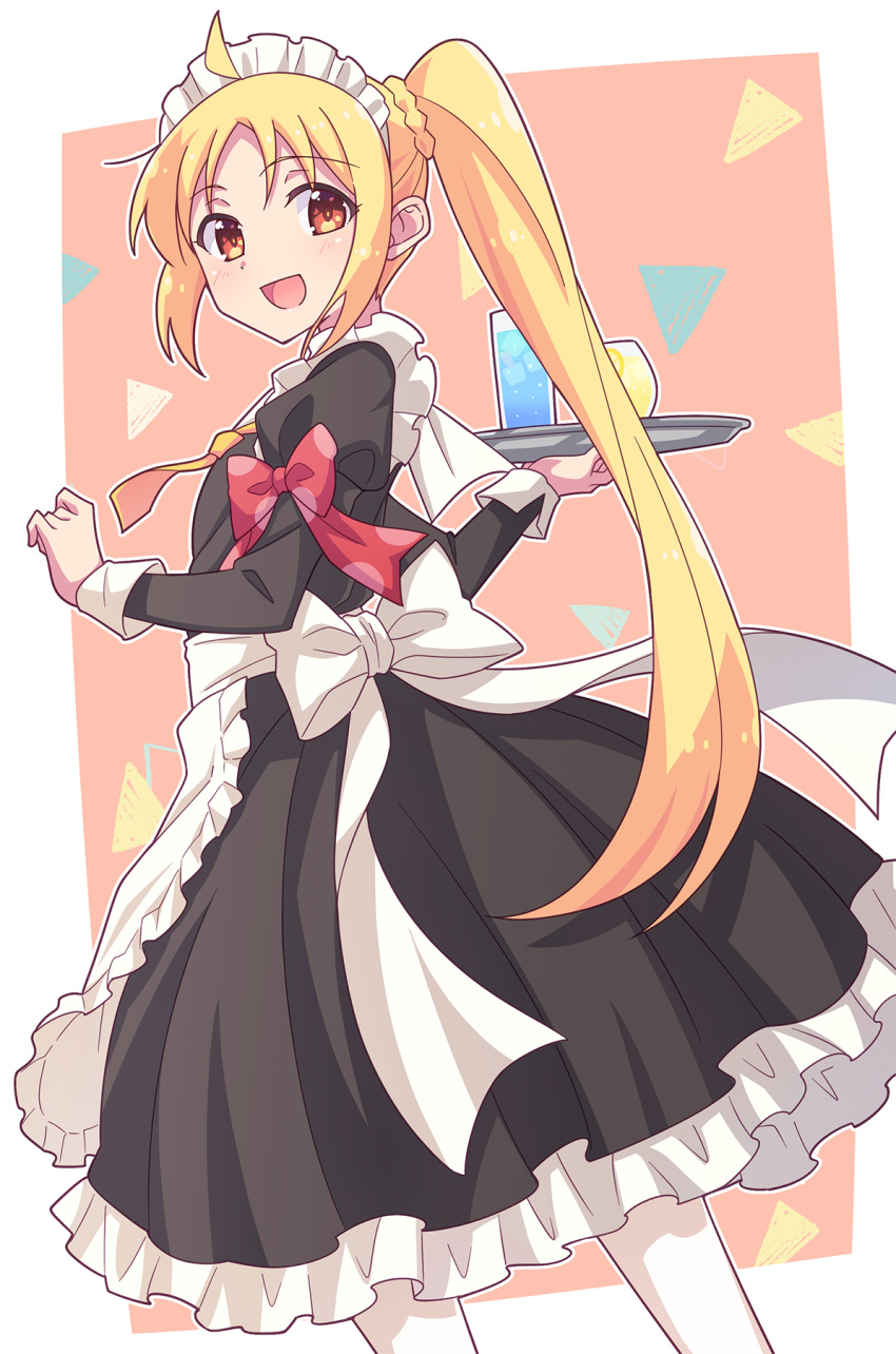 1girl :d ahoge alternate_costume apron black_dress blonde_hair blush bocchi_the_rock! bow braid brown_background cup dress drink drinking_glass e20 enmaided frilled_apron frilled_dress frills from_side highres holding holding_tray ijichi_nijika juliet_sleeves long_hair long_sleeves looking_at_viewer looking_to_the_side maid maid_apron maid_headdress open_mouth pantyhose parted_bangs pleated_dress polka_dot polka_dot_bow puffy_sleeves red_bow red_eyes side_ponytail smile solo tray twintails two-tone_background very_long_hair white_apron white_background white_pantyhose