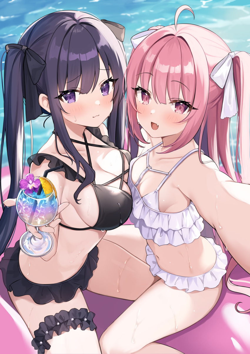 2girls absurdres ahoge bikini black_bikini black_hair black_ribbon blush breast_press breasts cup frilled_bikini frills glass hair_ribbon highres holding holding_cup large_breasts multiple_girls okiq open_mouth original pink_hair purple_eyes ribbon selfie sidelocks swimsuit thigh_strap twintails water wet white_bikini white_ribbon