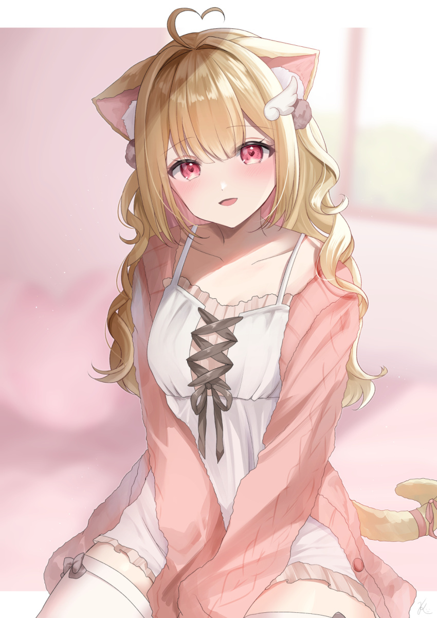 1girl animal_ears blonde_hair breasts cardigan cat_ears cat_girl cat_tail chemise commission frilled_chemise highres kemomimi_refle! kurage_cc long_hair long_sleeves looking_at_viewer medium_breasts nekoma_karin open_cardigan open_clothes pink_cardigan red_eyes skeb_commission tail thighhighs virtual_youtuber white_chemise white_thighhighs