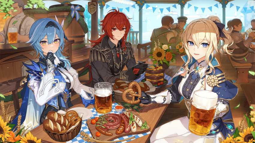 "once_upon_a_time_in_mondstadt"_(genshin_impact) 2girls absurdres alcohol antenna_hair artist_request beer beer_keg beer_mug belt black_coat black_gloves black_hairband black_necktie blonde_hair blue_belt blue_capelet blue_eyes blue_hair bread bunting capelet center_frills closed_mouth coat commentary crossed_bangs cup detached_sleeves diluc_(genshin_impact) eula_(genshin_impact) flower food fork frills genshin_impact german_commentary gloves hair_between_eyes hair_ornament hair_ribbon hairband highres holding holding_cup holding_handkerchief jean_(genshin_impact) jean_(gunnhildr's_legacy)_(genshin_impact) long_sleeves looking_at_viewer medium_hair mug multiple_boys multiple_girls necktie official_alternate_costume official_art oktoberfest open_mouth pants people plant ponytail pretzel red_eyes red_hair ribbon sausage short_ponytail sidelocks sitting smile string_of_flags sunflower table tablecloth upper_body vambraces vest white_pants white_sleeves white_vest wide_sleeves wiping_mouth wooden_chair wooden_table wrist_guards yellow_eyes