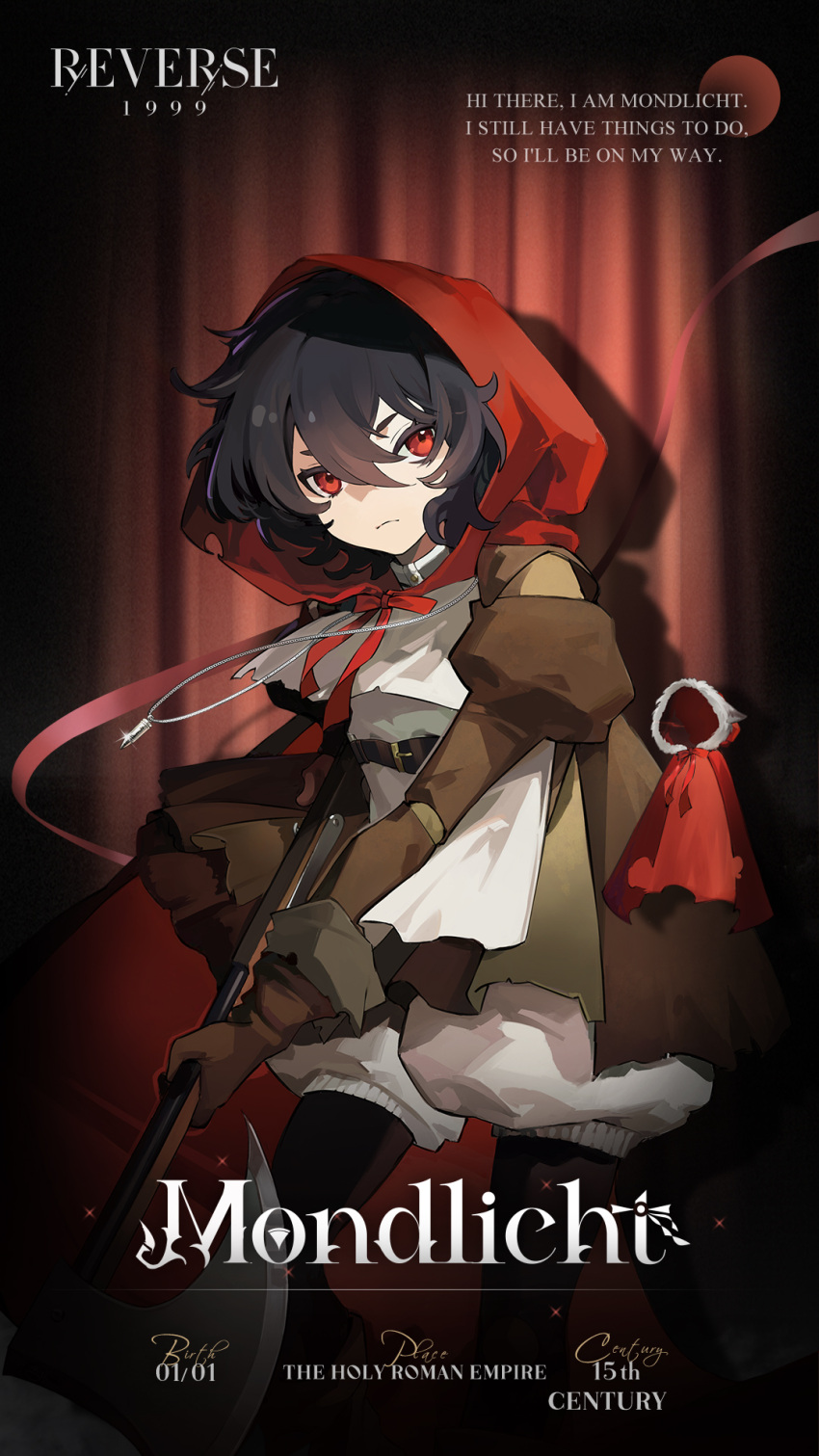 1girl apron axe black_hair black_pantyhose brown_dress brown_gloves bullet bullet_necklace character_name child cloak closed_mouth copyright_name dress english_text feet_out_of_frame frown gloves highres holding holding_axe hood hood_up hooded_cloak jewelry juliet_sleeves logo long_sleeves looking_at_viewer mondlicht_(reverse:1999) necklace official_art pantyhose puffy_shorts puffy_sleeves red_background red_cloak red_curtains red_eyes red_hood reverse:1999 short_hair shorts shorts_under_dress solo spotlight v-shaped_eyebrows white_apron white_shorts