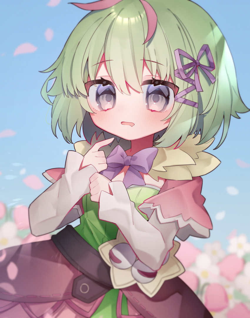 1girl absurdres black_eyes blue_sky blush bow bowtie cowboy_shot day detached_sleeves dress eringikinono falling_petals flower green_dress green_hair hair_between_eyes hair_ribbon highres index_finger_raised kohaku_(rune_factory) layered_clothes long_sleeves looking_at_viewer outdoors own_hands_together petals pink_flower pink_skirt pink_tulip purple_bow purple_bowtie purple_ribbon raised_eyebrows ribbon rune_factory rune_factory_4 short_hair sidelocks skirt sky sleeveless sleeveless_dress solo tulip white_flower white_sleeves