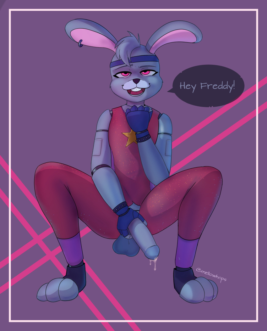 absurd_res anthro bandage big_penis blue_body blue_fur bodily_fluids bonnie_(fnaf) clothing exhibitionism five_nights_at_freddy's five_nights_at_freddy's:_security_breach fur genital_fluids genitals glamrock_bonnie_(fnaf) gloves half-erect handwear hi_res lagomorph leaking_precum leporid looking_at_viewer machine male mammal mellow_hops orange_eyes penis piercing pink_ears precum rabbit red_clothing robot scottgames solo speech_bubble steel_wool_studios tight_clothing