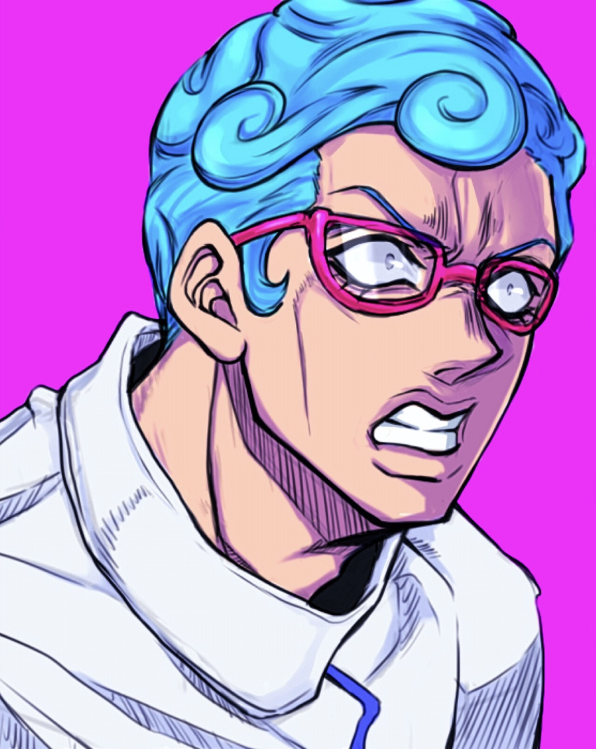 1boy angry blue_hair clenched_teeth curly_hair ghiaccio glasses highres jojo_no_kimyou_na_bouken male_focus pink_background red-framed_eyewear ruushii_(lucy_steel6969) solo teeth vento_aureo wide-eyed