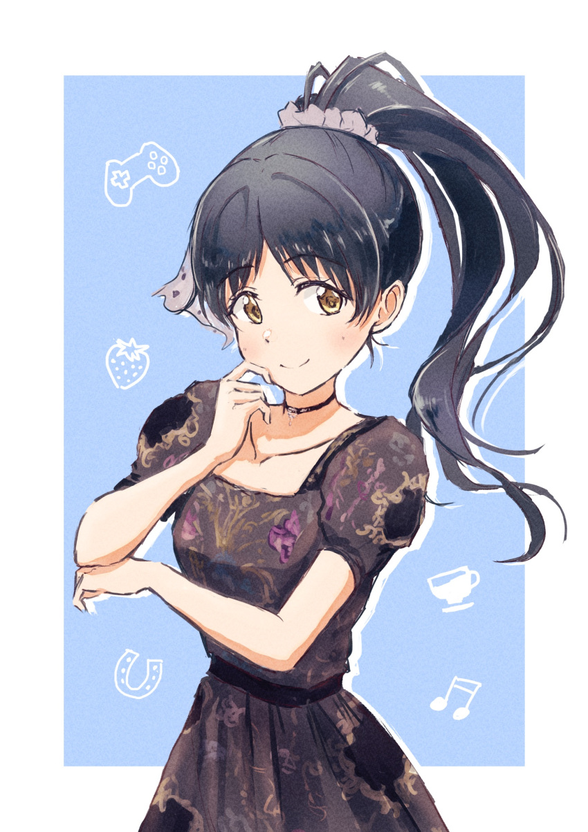 1girl birthday black_dress black_hair blue_background border collar collarbone commentary controller cup dress food fruit game_controller hazuki_ren high_ponytail highres horseshoe jungle_zzz long_hair looking_at_viewer love_live! love_live!_superstar!! musical_note ponytail short_sleeves strawberry teacup upper_body white_border yellow_eyes