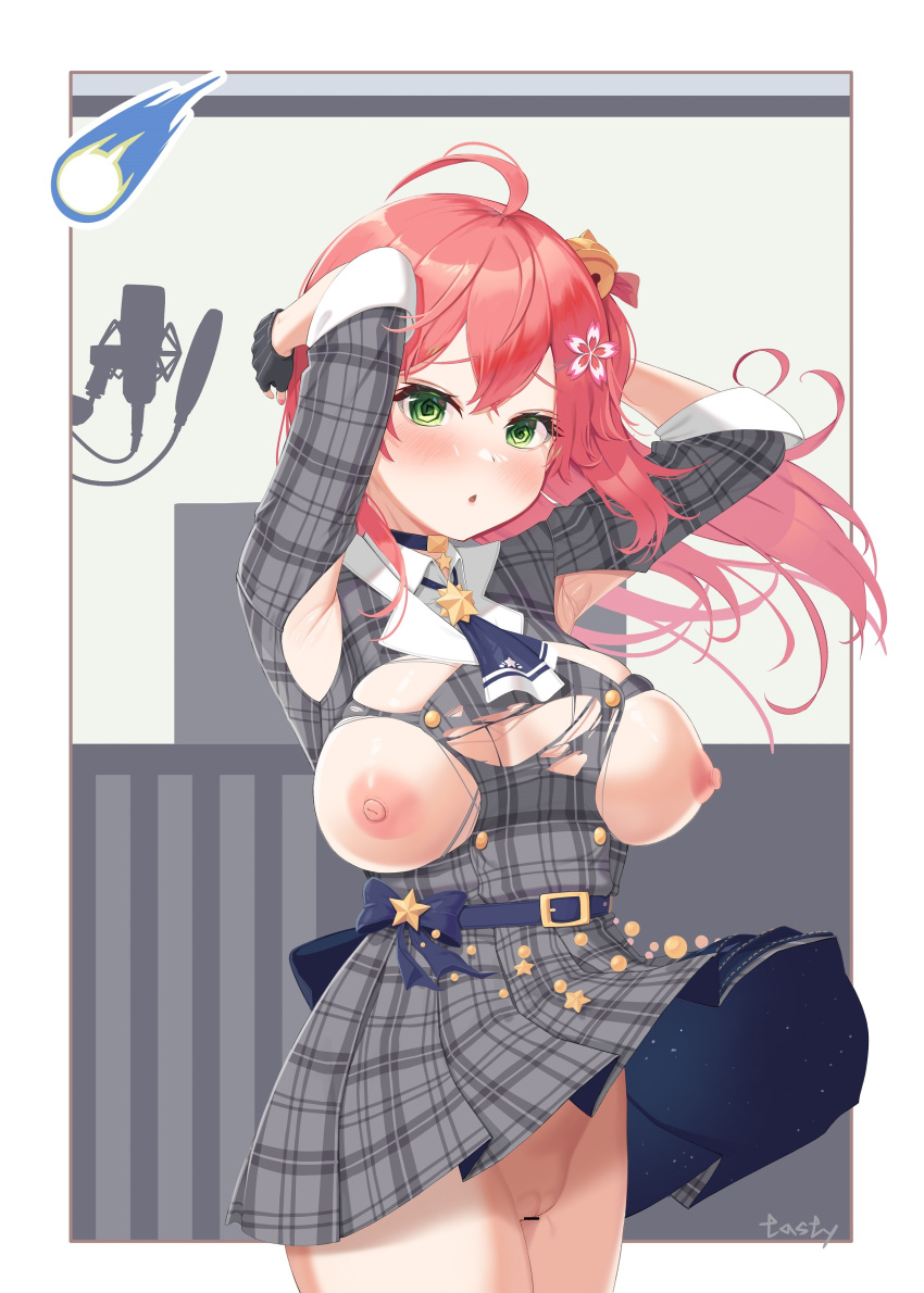 1girl :o absurdres ahoge armpits arms_behind_head bar_censor belt blue_belt blush breasts breasts_out bursting_breasts censored choker cosplay dress green_eyes grey_dress hair_ornament hairclip harry_(dudwofla) highres hololive hoshimachi_suisei hoshimachi_suisei_(cosplay) large_breasts long_hair looking_at_viewer microphone nipples no_bra no_panties one_side_up pink_hair plaid plaid_dress pleated_dress pussy pussy_juice sakura_miko short_dress solo star_(symbol) star_choker torn_clothes torn_dress undersized_clothes virtual_youtuber wind