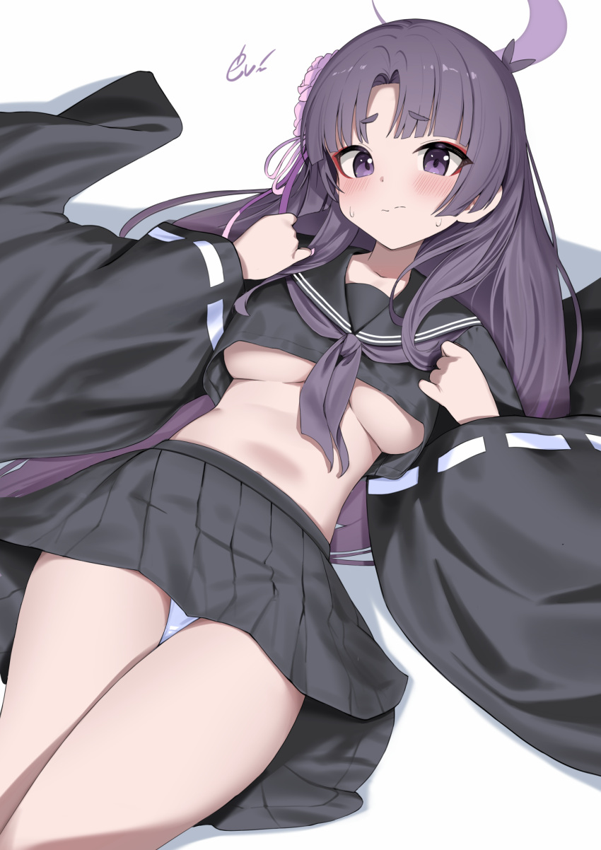 1girl artist_name black_sailor_collar black_serafuku black_skirt black_sleeves blue_archive blush breasts closed_mouth ev_(dai00888) eyeshadow halo highres long_hair looking_at_viewer makeup medium_breasts neckerchief official_alternate_costume pleated_skirt purple_eyes purple_hair purple_halo purple_neckerchief red_eyeshadow sailor_collar school_uniform serafuku short_eyebrows signature skirt solo underboob wide_sleeves yukari_(blue_archive)