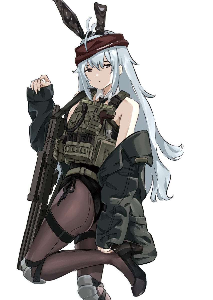 1girl adjusting_footwear animal_ears ass assault_rifle black_footwear black_leotard black_necktie black_pantyhose brown_eyes commentary detached_collar fake_animal_ears foot_out_of_frame g11_(girls'_frontline) girls'_frontline green_jacket grey_hair gun h&amp;k_g11 hair_between_eyes headband high_heels highres jacket knee_pads leotard load_bearing_vest long_hair looking_at_viewer mutugorou_u necktie off_shoulder pantyhose playboy_bunny rabbit_ears red_headband rifle simple_background sleeves_past_wrists snap-fit_buckle solo standing standing_on_one_leg tactical_playboy_bunny very_long_hair weapon white_background