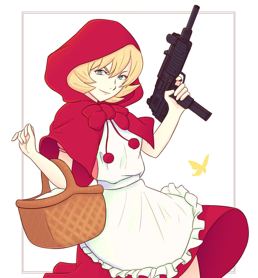 1girl apron basket blonde_hair bulleta capelet commentary cowboy_shot frilled_apron frills green_eyes gun hands_up highres holding holding_gun holding_weapon hood hooded_capelet red_capelet red_skirt short_hair skirt solo standing submachine_gun truejekart vampire_(game) weapon white_apron white_background