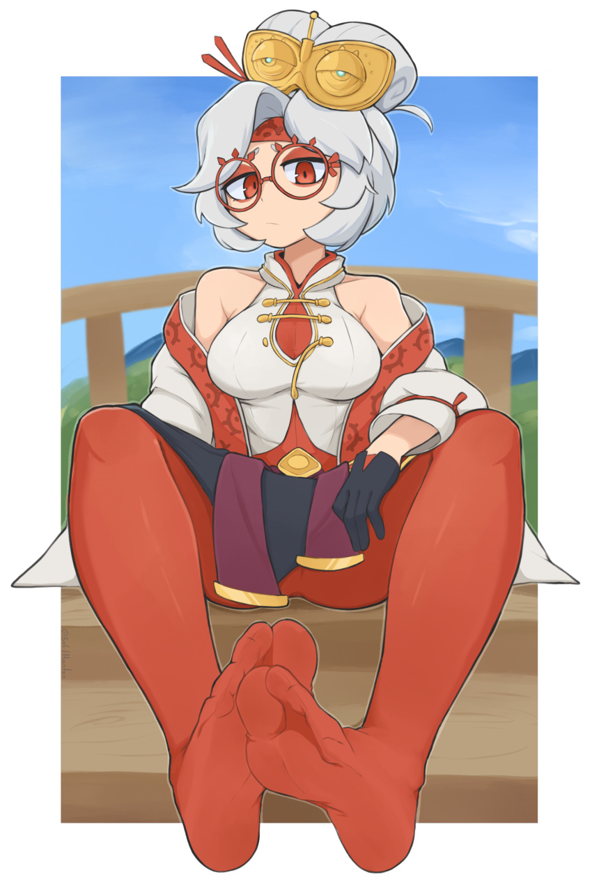 1girl absurdres bare_shoulders breasts feet foot_focus glasses gloves highres large_breasts purah red-framed_eyewear red_eyes round_eyewear sheikah sitting sleeveless softhanten soles solo the_legend_of_zelda the_legend_of_zelda:_tears_of_the_kingdom toes white_hair